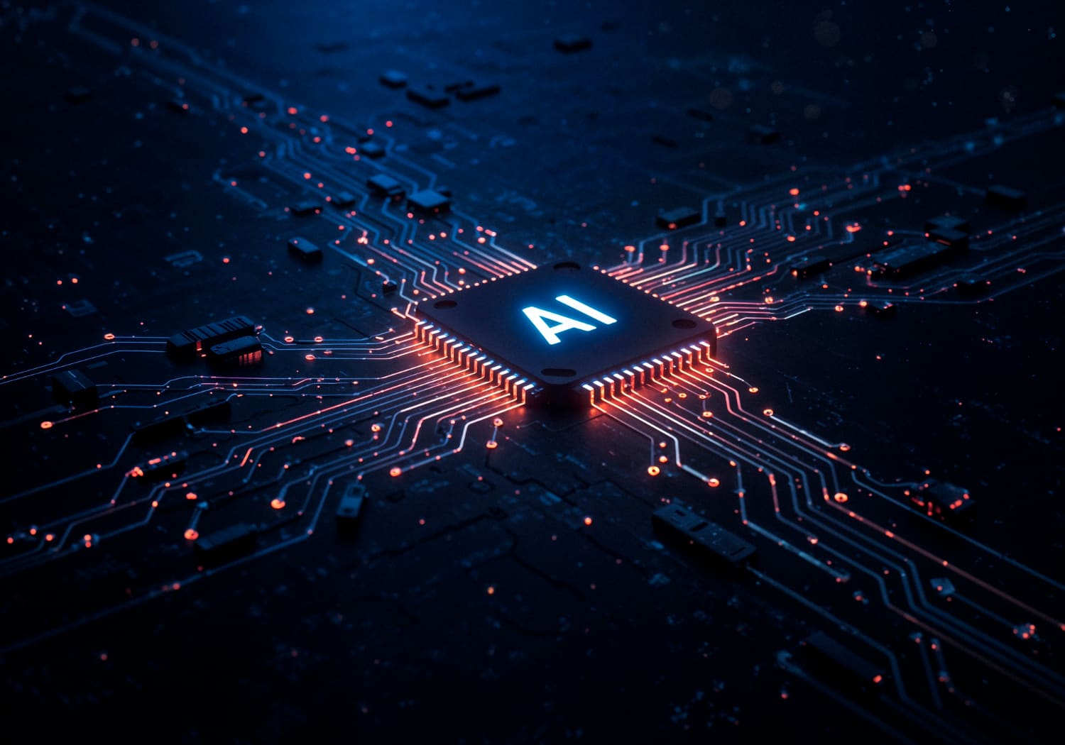 Glowing AI processor chip on a circuit board, representing AI-powered learning capabilities