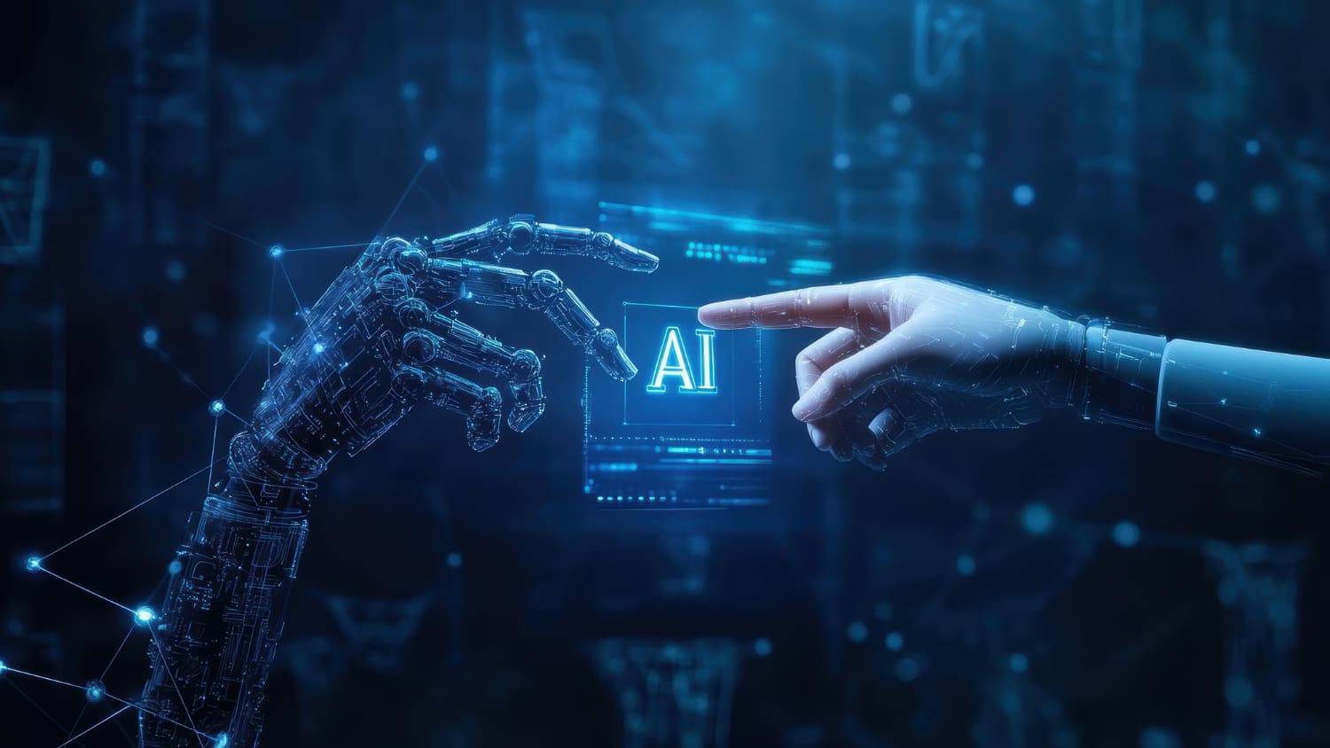 A robotic hand and a human hand reaching toward each other with an AI hologram between them