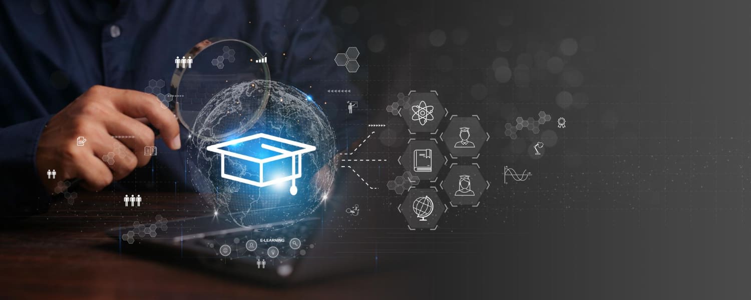 Person using a magnifying glass over a digital globe with a graduation cap and e-learning icons