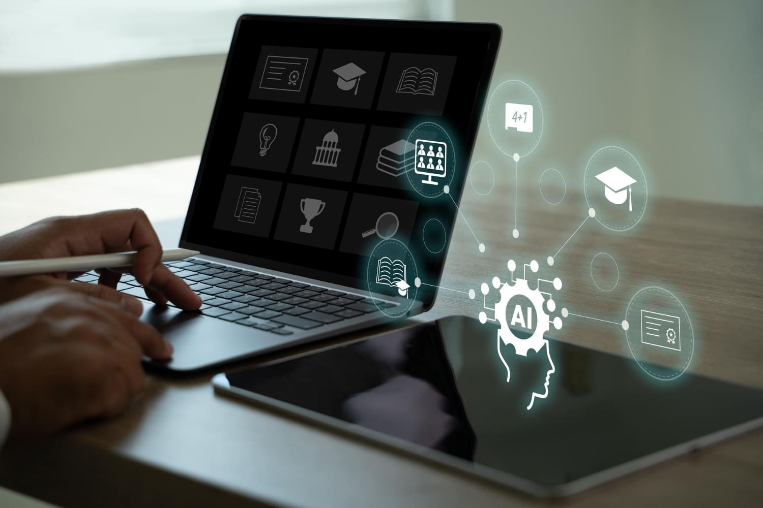 Person using a laptop and tablet with AI and learning icons overlaid, representing blended learning delivery