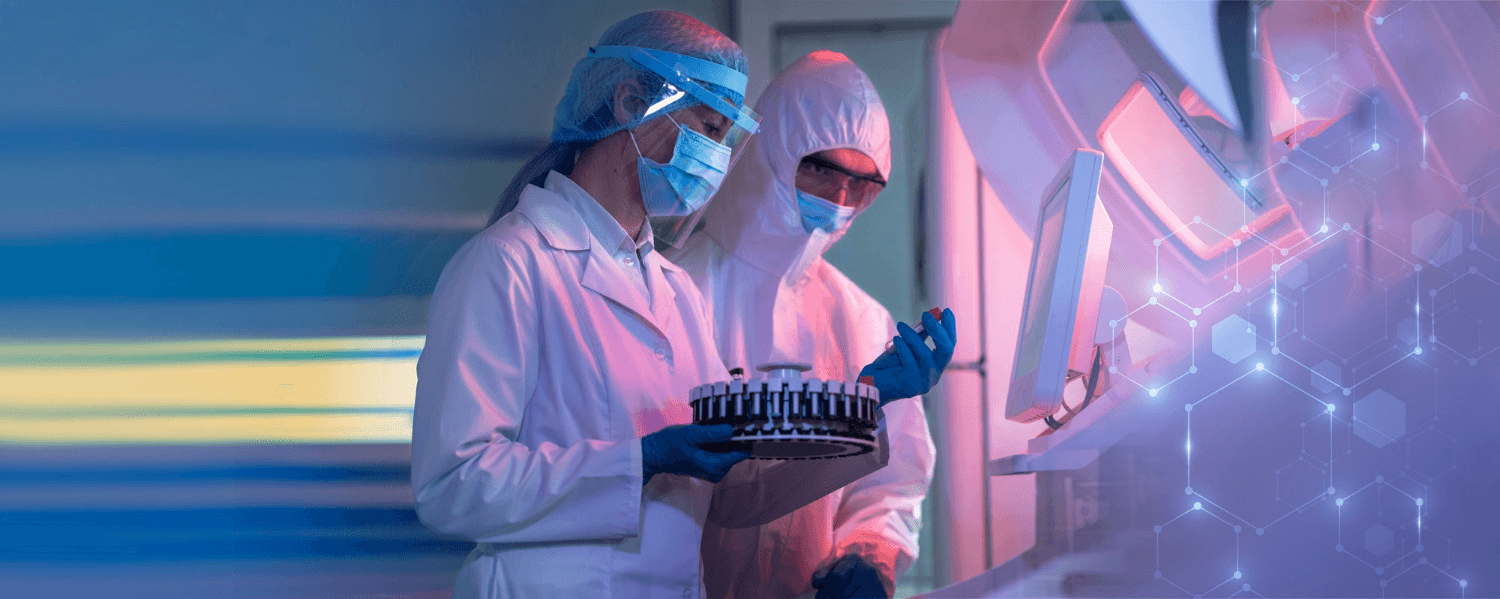 Clinical researchers handling sample vials in a pharmaceutical lab
