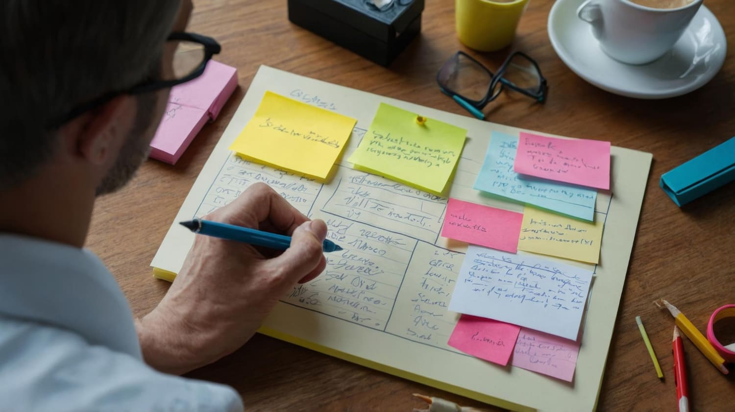 Person sketching a scenario storyboard on paper with colour-coded sticky notes
